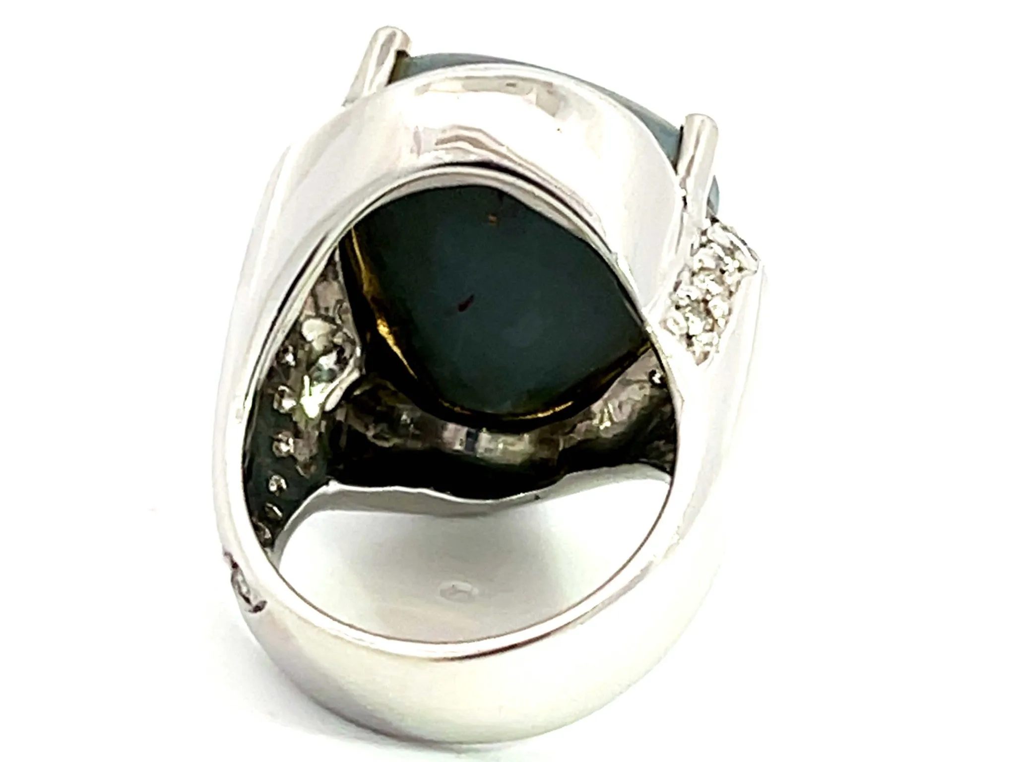 Freeform Black Opal Triangle and Diamond Ring in 18k White Gold
