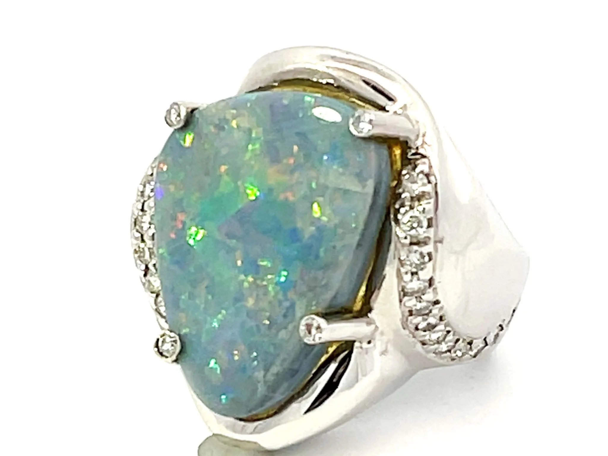 Freeform Black Opal Triangle and Diamond Ring in 18k White Gold