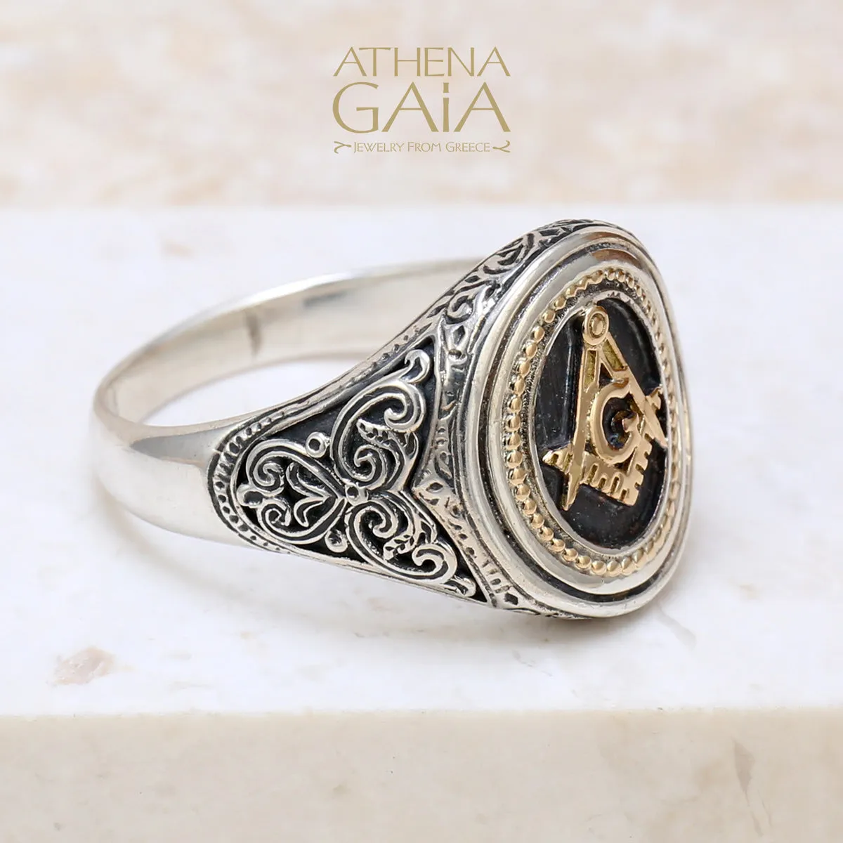 Freemason Compass and Square Ring