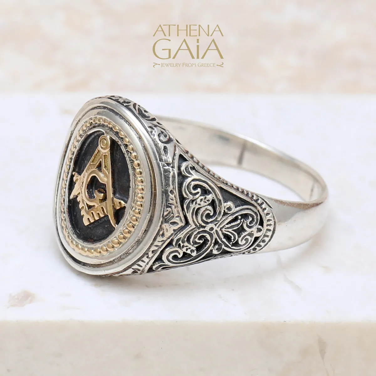 Freemason Compass and Square Ring