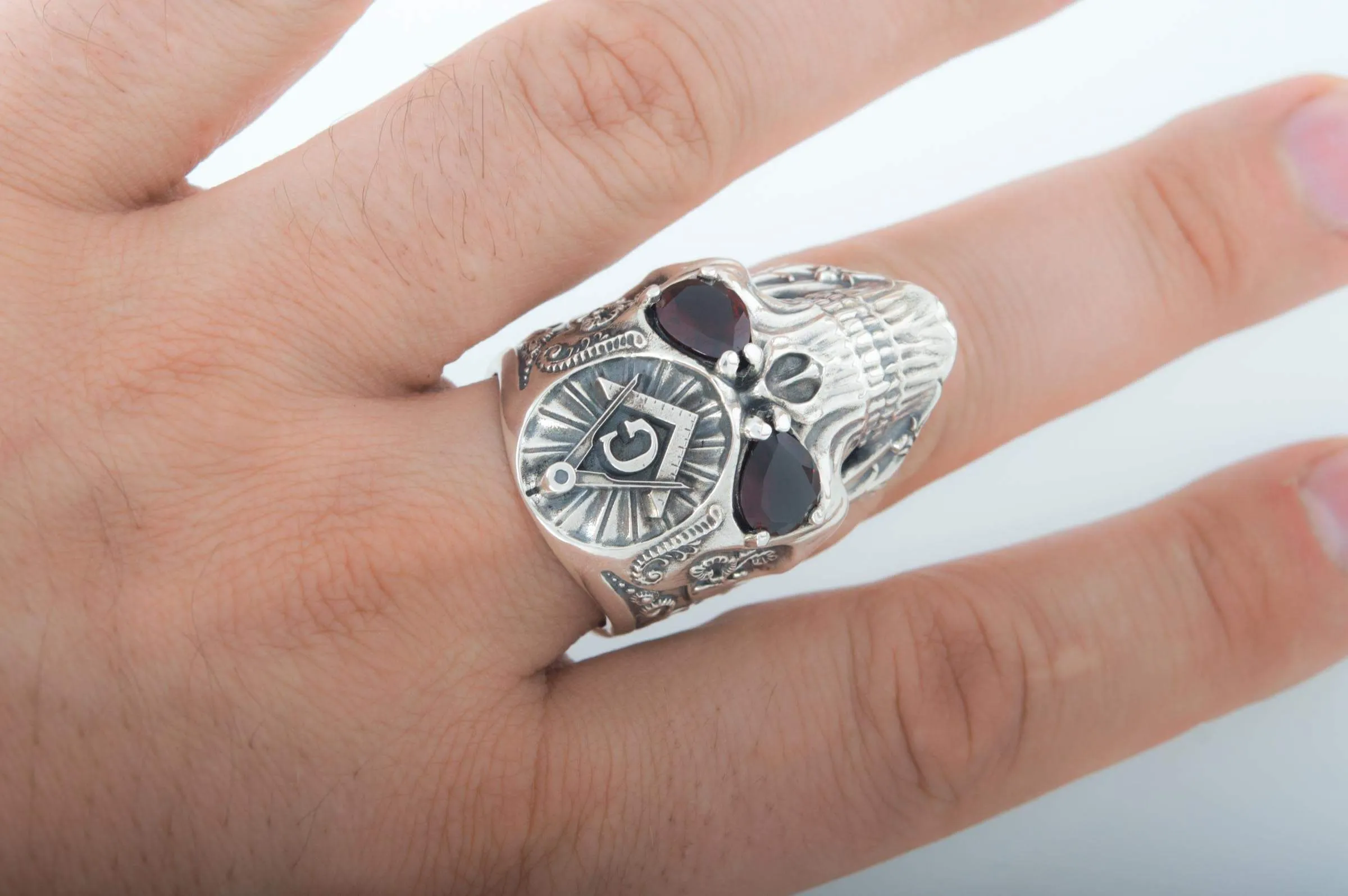 Freemason Skull Sterling Silver Ring with Square & Compass Symbol