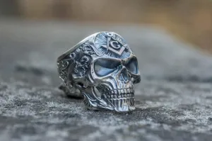 Freemason Skull Sterling Silver Ring with Square & Compass Symbol