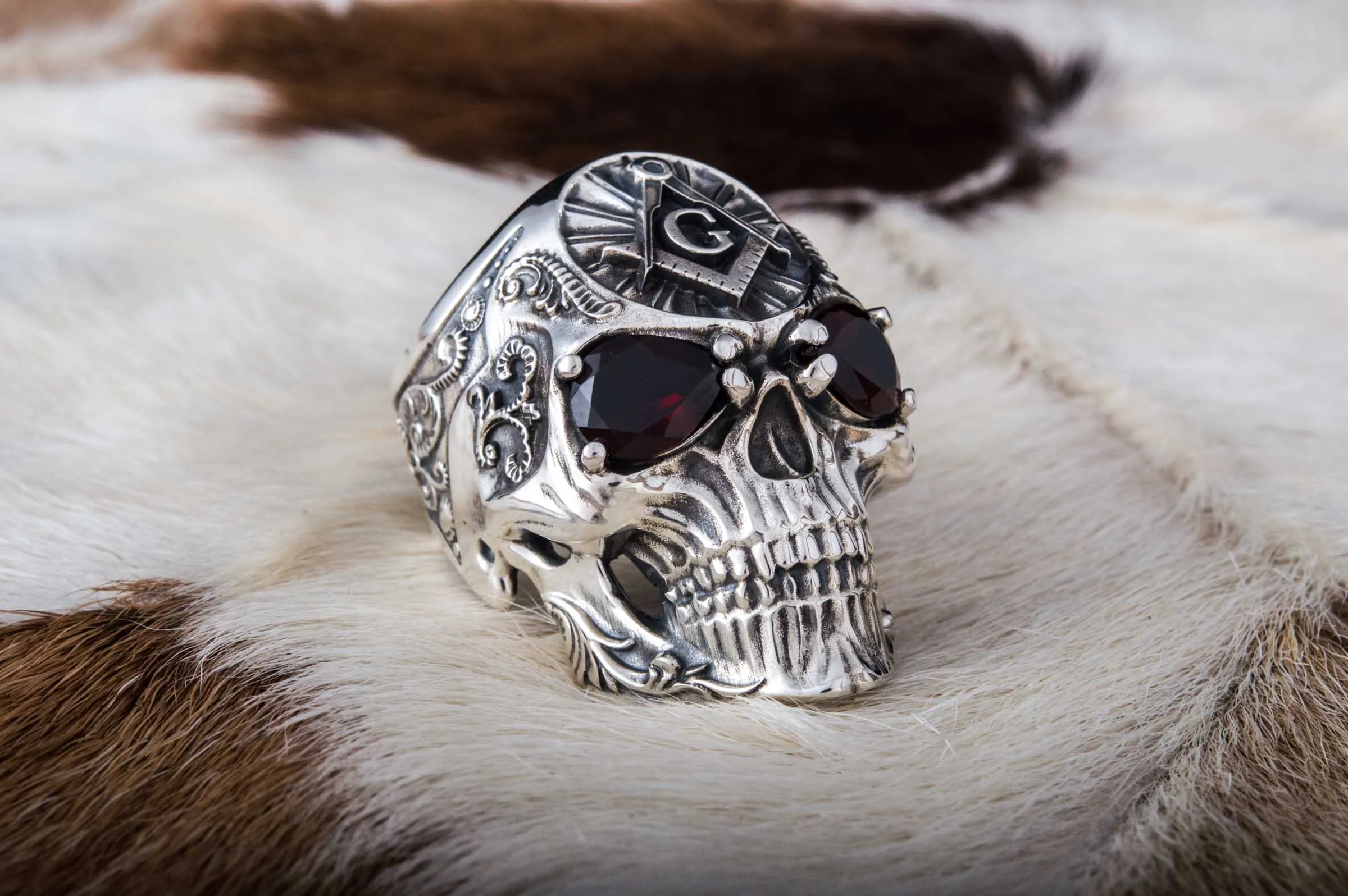 Freemason Skull Sterling Silver Ring with Square & Compass Symbol