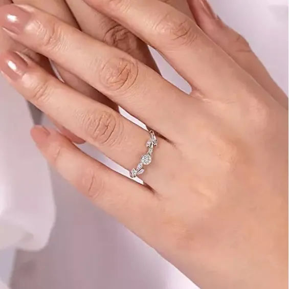Gabriel & Co 14K (White or Rose) Gold (0.10ct) Floral Diamond Stackable Ring