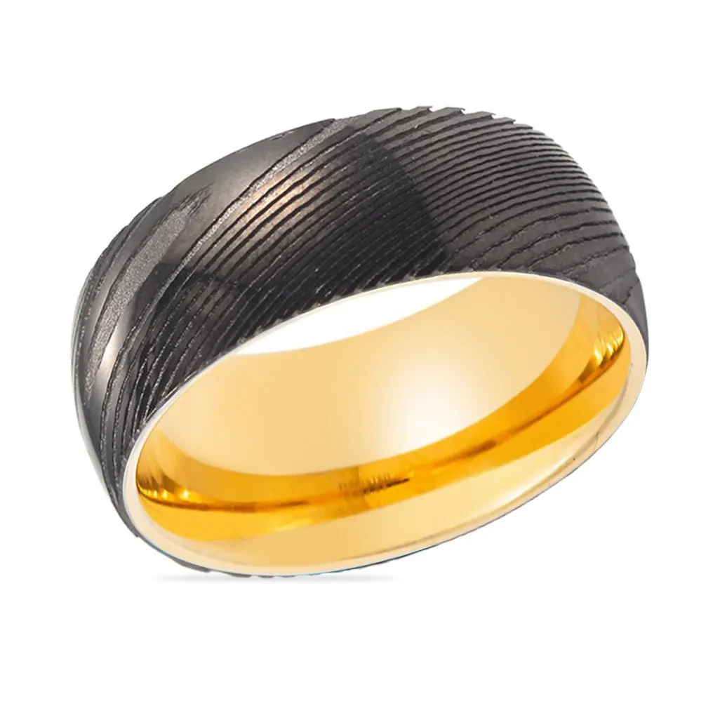 GATSBY | Gold Ring, Gunmetal Damascus Steel Ring, Domed