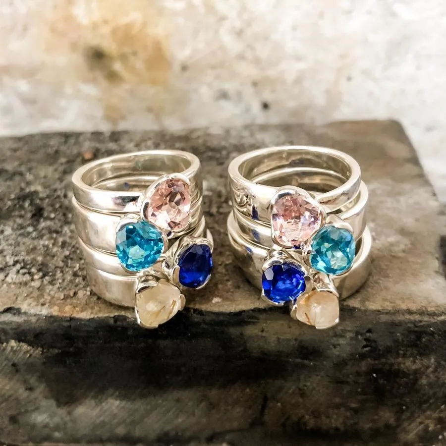 Gempower Tri-Cut Stacker Ring - Sterling Silver / Blue Kyanite Quartz