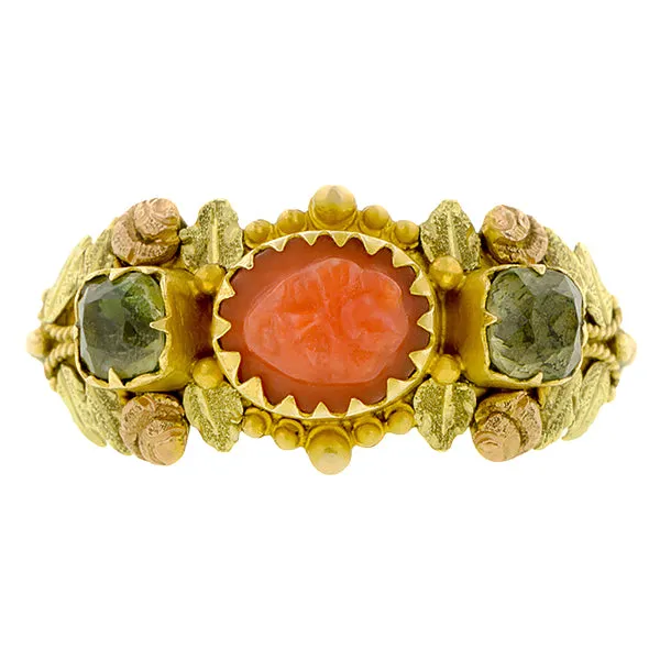 Georgian Coral Cameo &  Green Quartz Ring