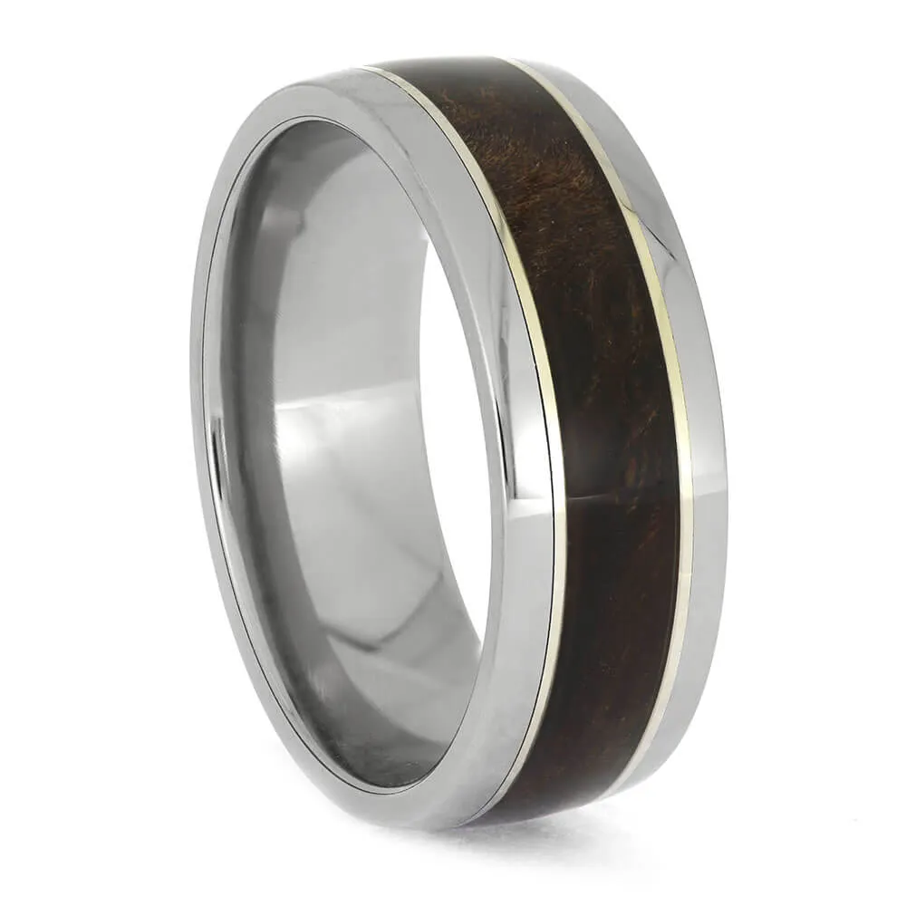 Gold-Accented Wood Inlaid in Titanium Ring
