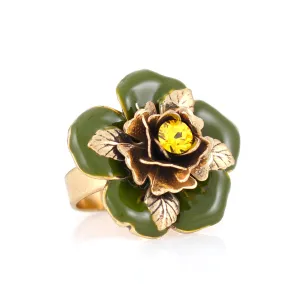GOLD GREEN FLOWER CRYSTAL ADJUSTABLE RINGS #216GN5101 (1E7/1C4)