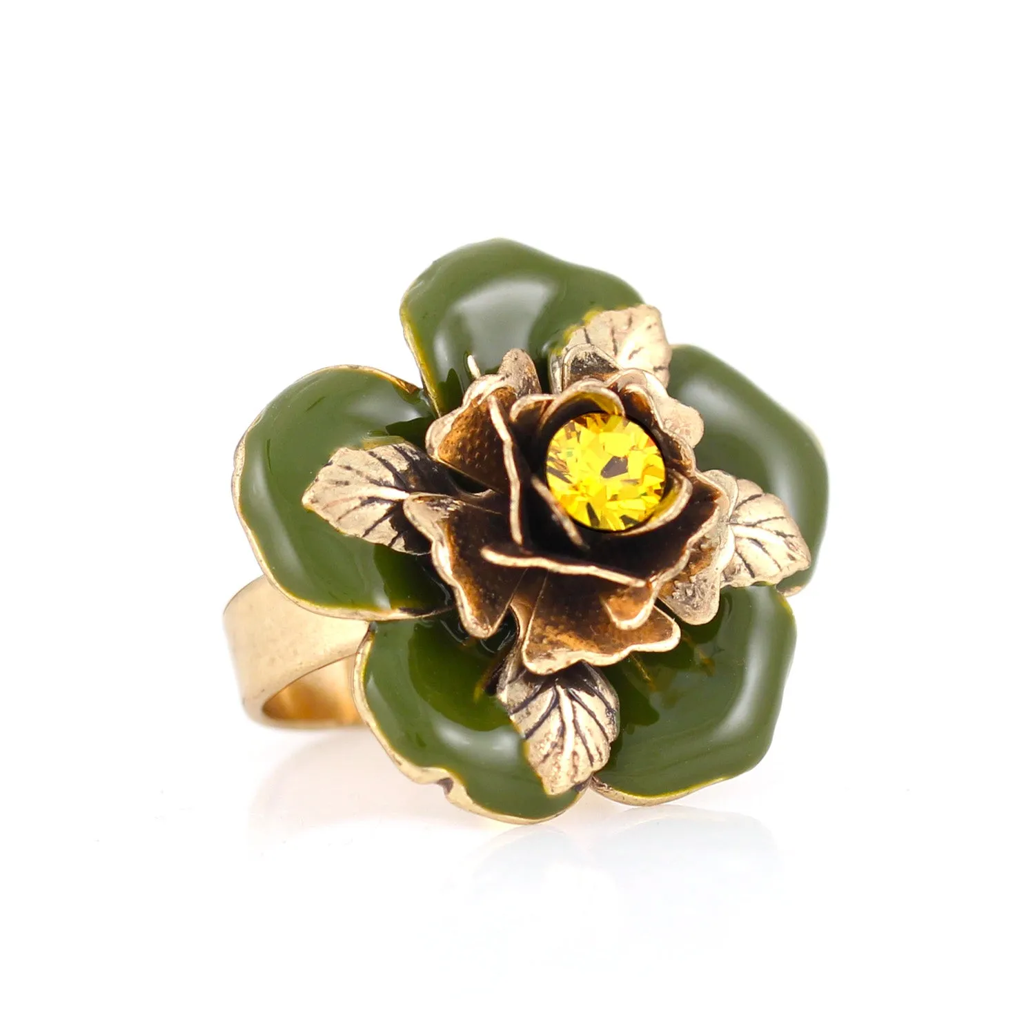 GOLD GREEN FLOWER CRYSTAL ADJUSTABLE RINGS #216GN5101 (1E7/1C4)