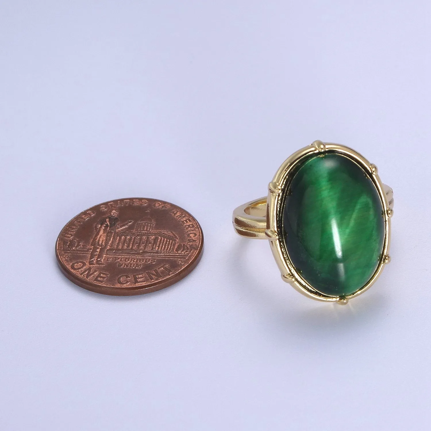 Gold Green Tiger Eye Rings | Oval Gemstone Signet Ring | Gold Gem Stone Rings | Chunky Gold Statement Ring U-370