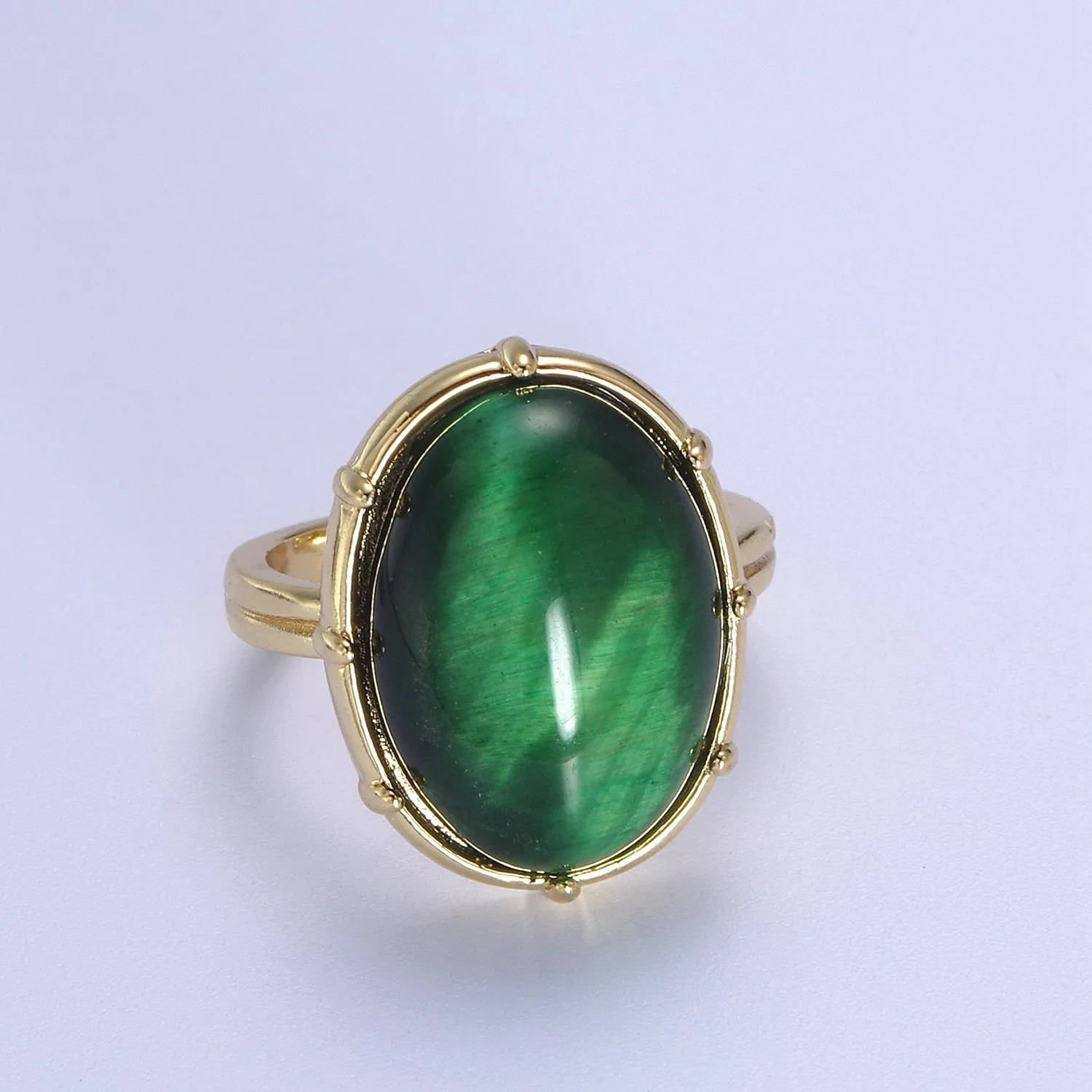 Gold Green Tiger Eye Rings | Oval Gemstone Signet Ring | Gold Gem Stone Rings | Chunky Gold Statement Ring U-370