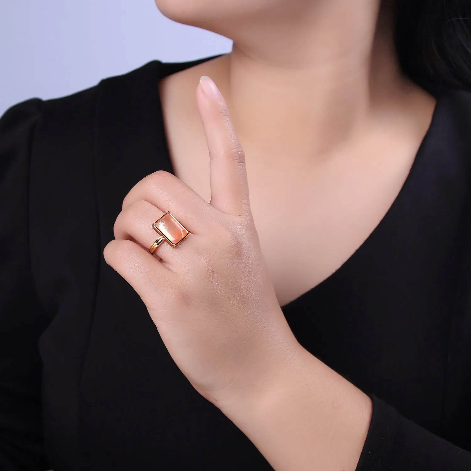 Gold Pink Rings | Gemstone Square Ring | Gold Gem Stone Rings | Chunky Gold Statement Ring U-368