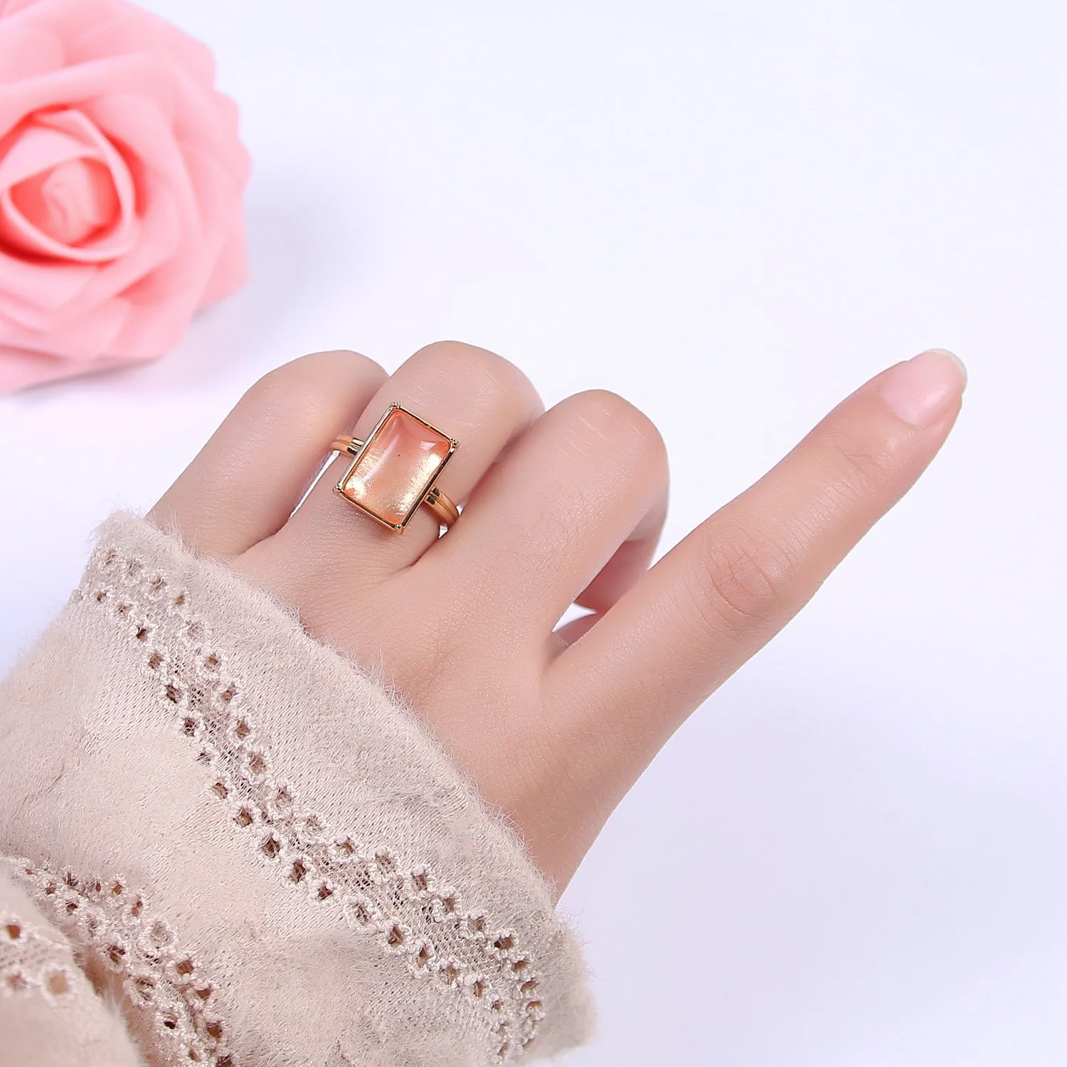 Gold Pink Rings | Gemstone Square Ring | Gold Gem Stone Rings | Chunky Gold Statement Ring U-368