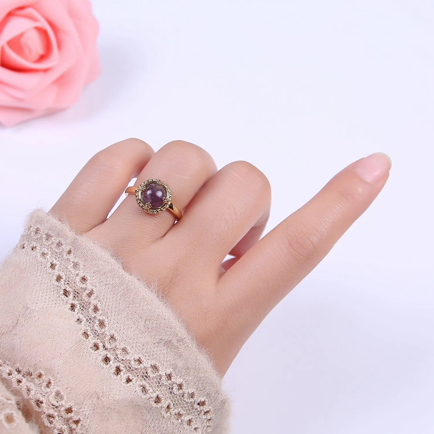 Gold Purple Amethyst Rings | Gemstone Round Ring | Gold Gem Stone Rings | Chunky Gold Statement Ring U-369