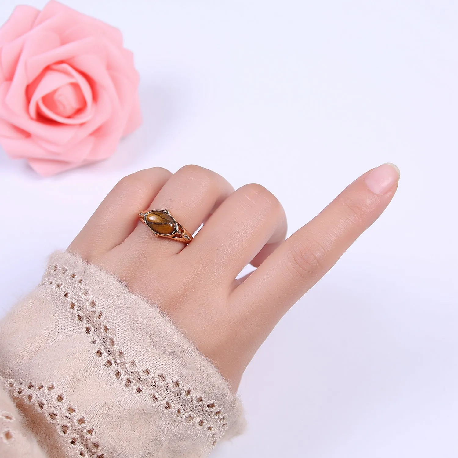 Gold Tiger Eye Rings | Oval Gemstone Signet Ring | Gold Gem Stone Rings | Chunky Gold Statement Ring U-373
