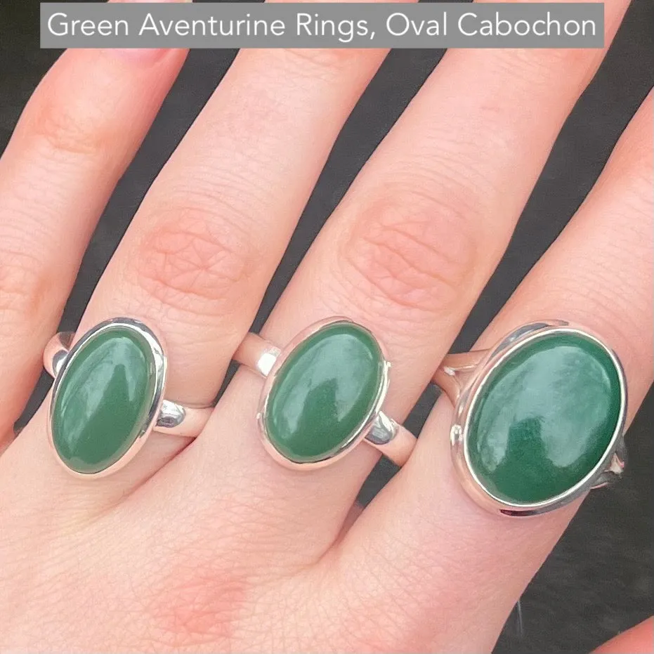 Green Aventurine Rings, Oval Cabochon, 925 Silver