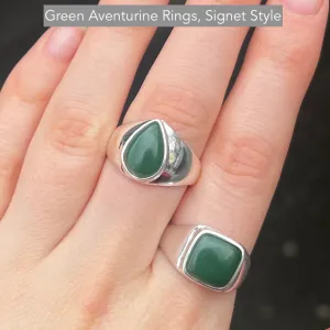 Green Aventurine Rings, Signet Style, 925 Silver