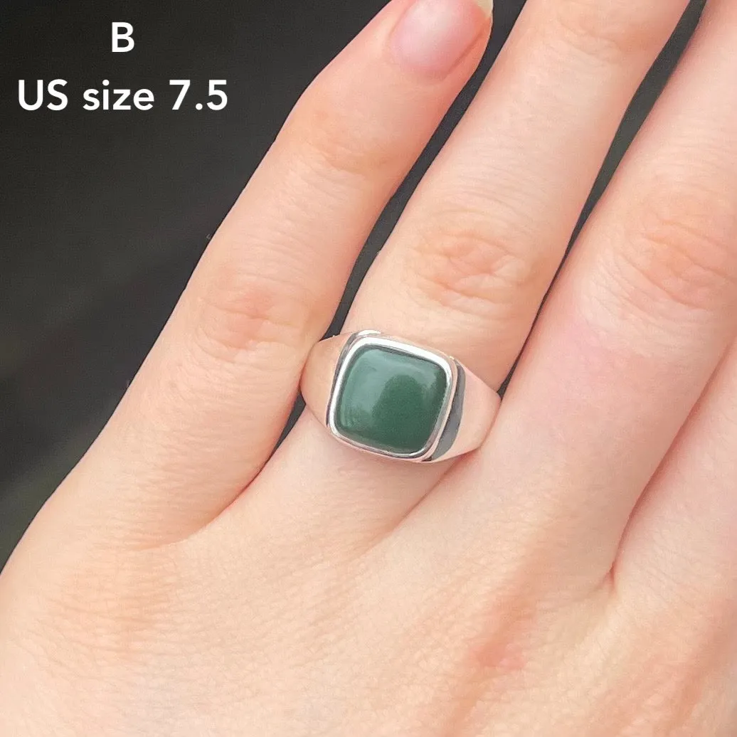 Green Aventurine Rings, Signet Style, 925 Silver