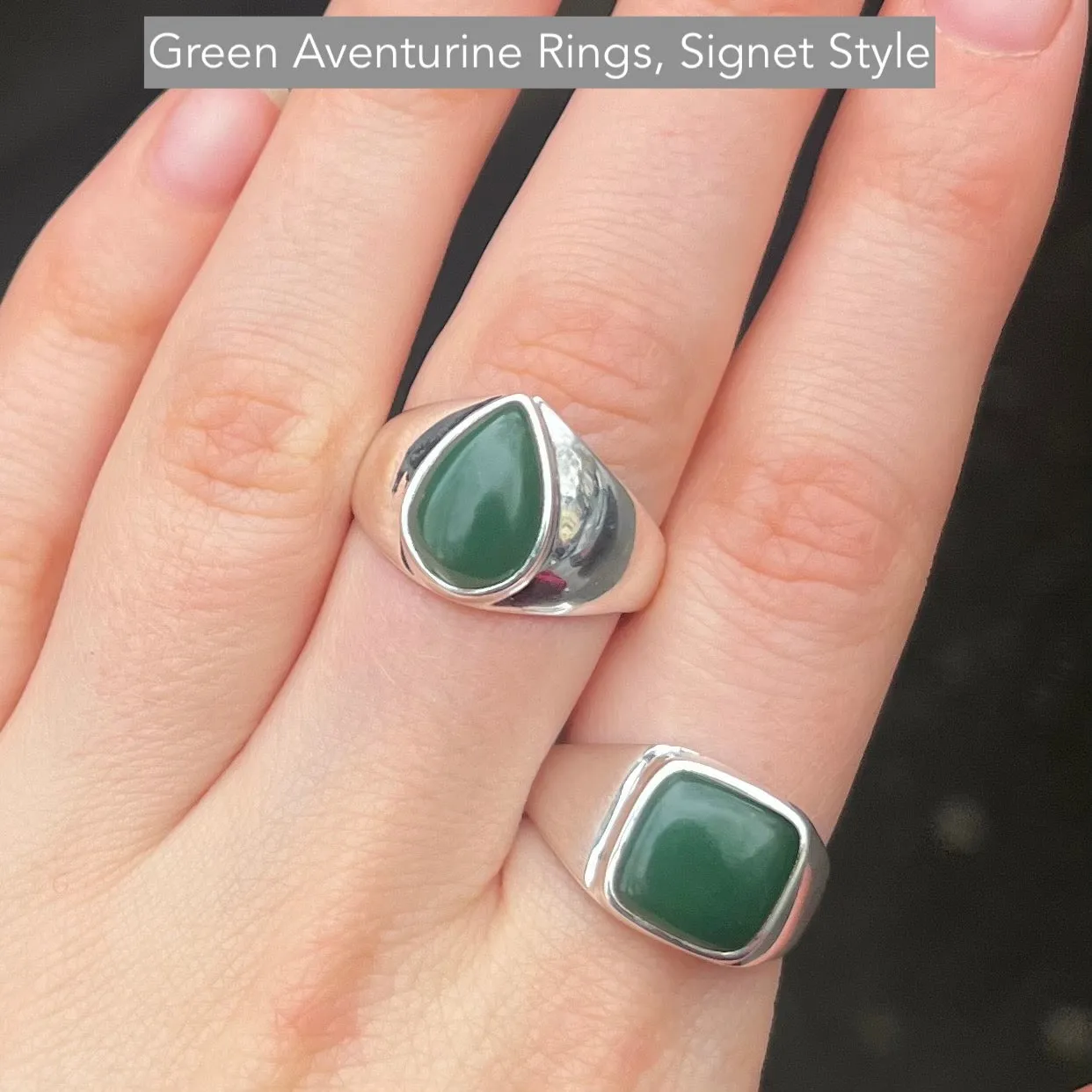 Green Aventurine Rings, Signet Style, 925 Silver