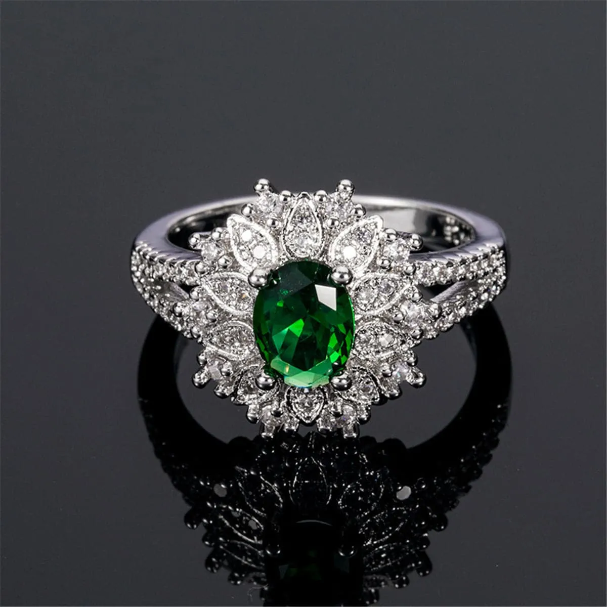 Green Crystal & Cubic Zirconia Oval Floral Ring
