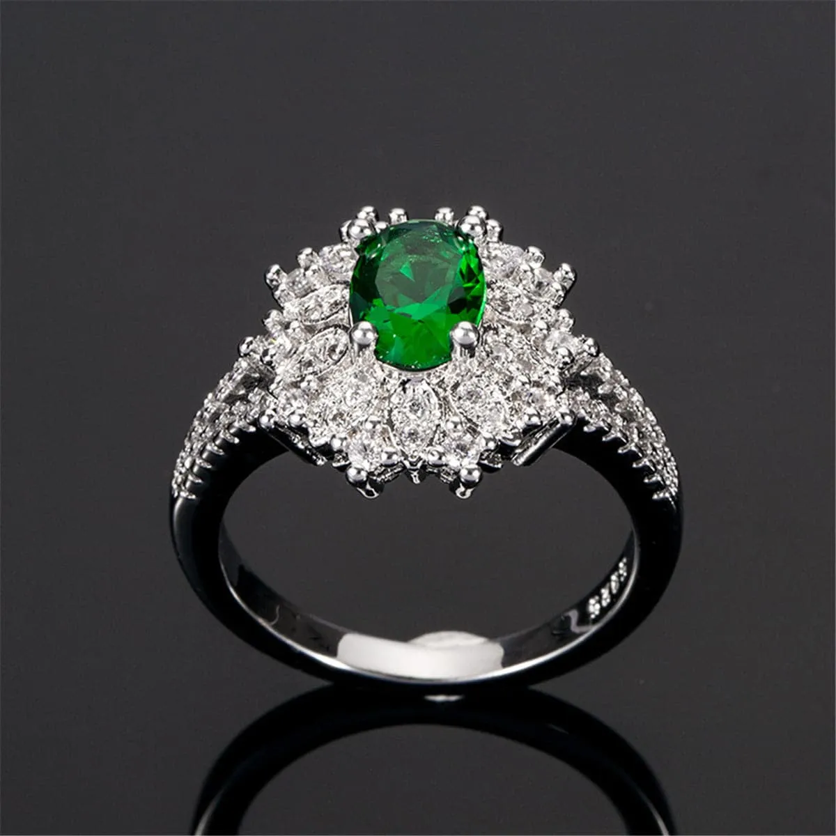 Green Crystal & Cubic Zirconia Oval Floral Ring
