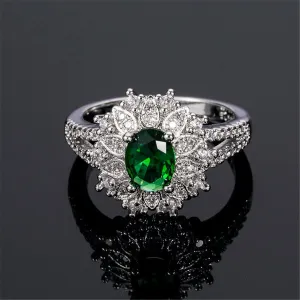 Green Crystal & Cubic Zirconia Oval Floral Ring
