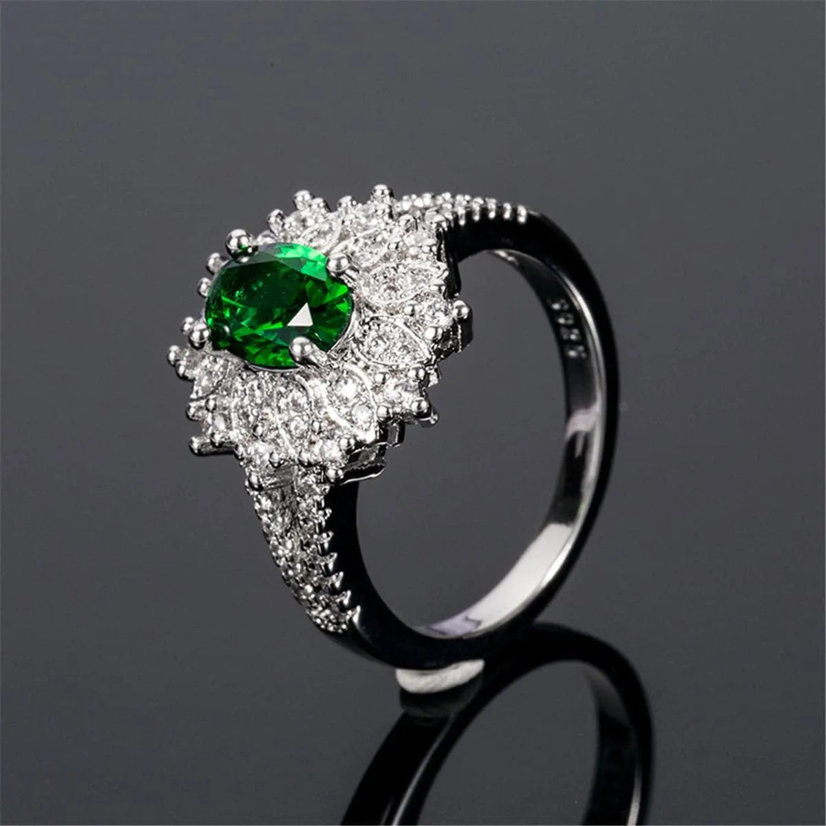 Green Crystal & Cubic Zirconia Oval Floral Ring