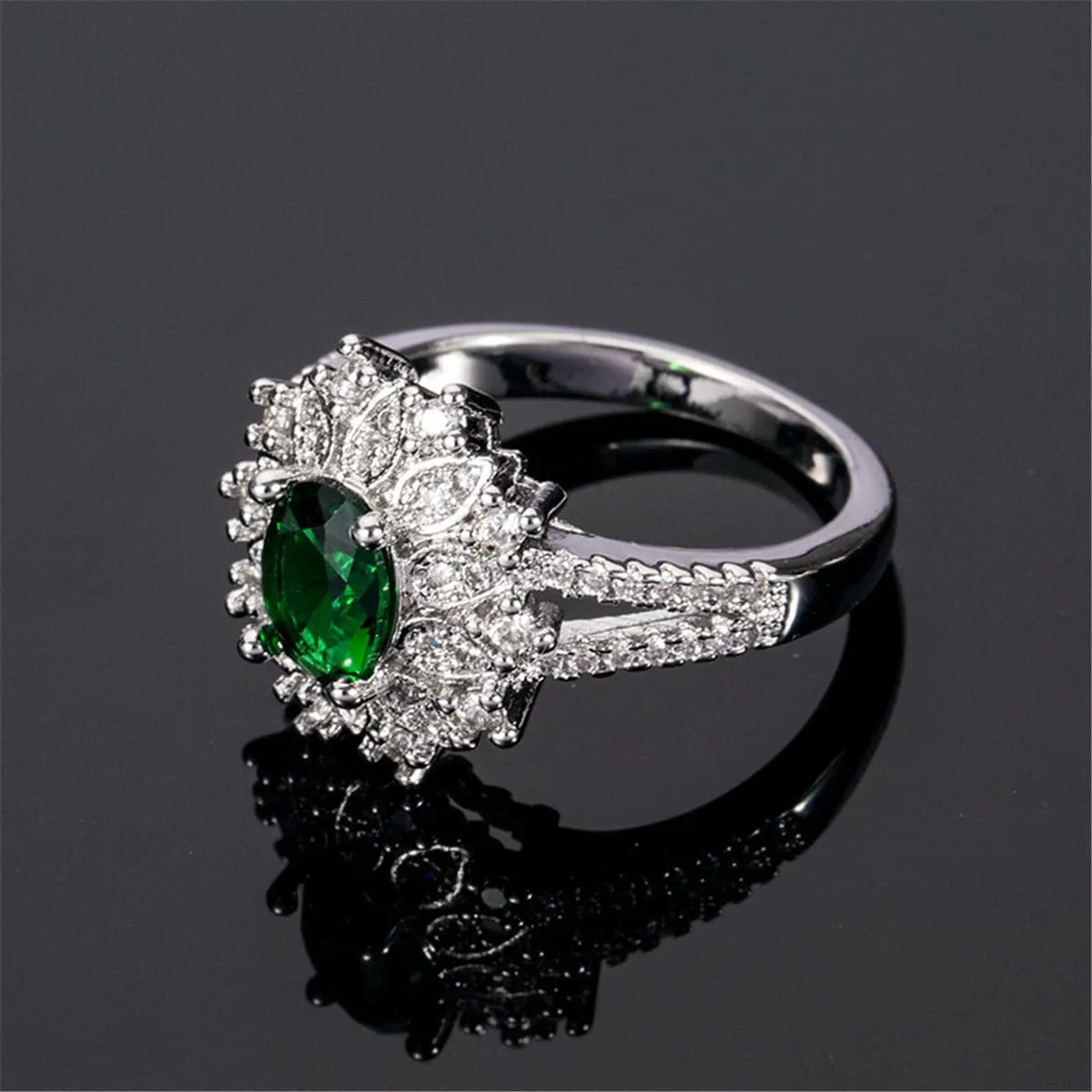 Green Crystal & Cubic Zirconia Oval Floral Ring