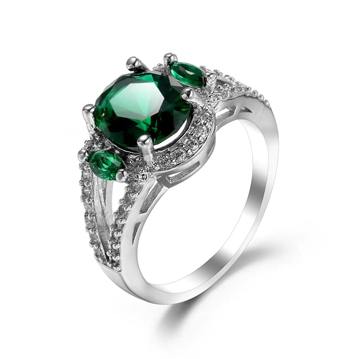 Green Cubic Zirconia & Crystal Triple-Stone Halo Ring