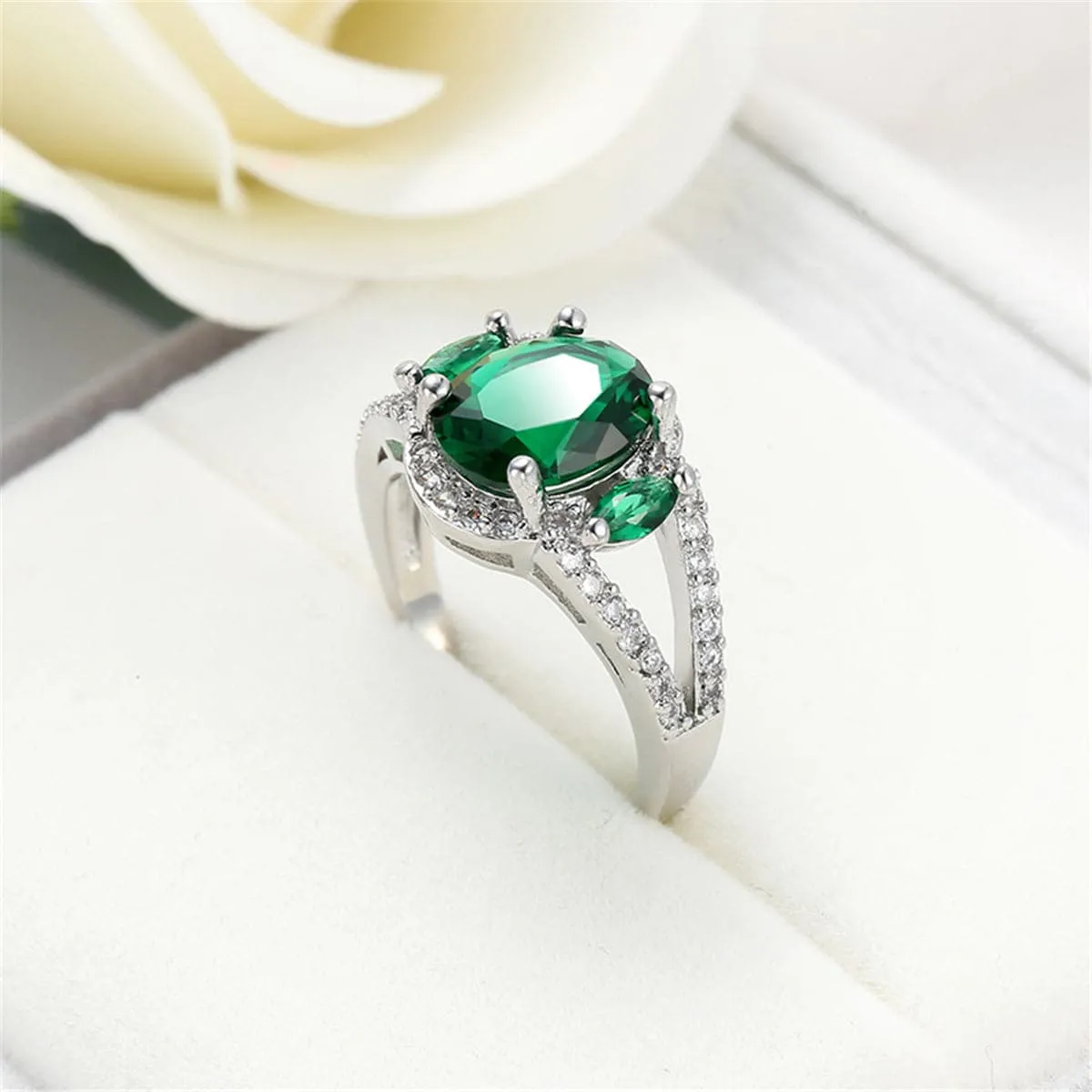 Green Cubic Zirconia & Crystal Triple-Stone Halo Ring