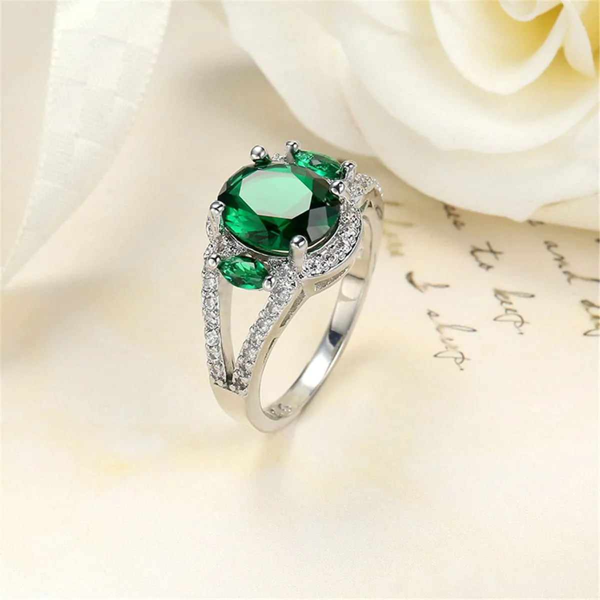 Green Cubic Zirconia & Crystal Triple-Stone Halo Ring