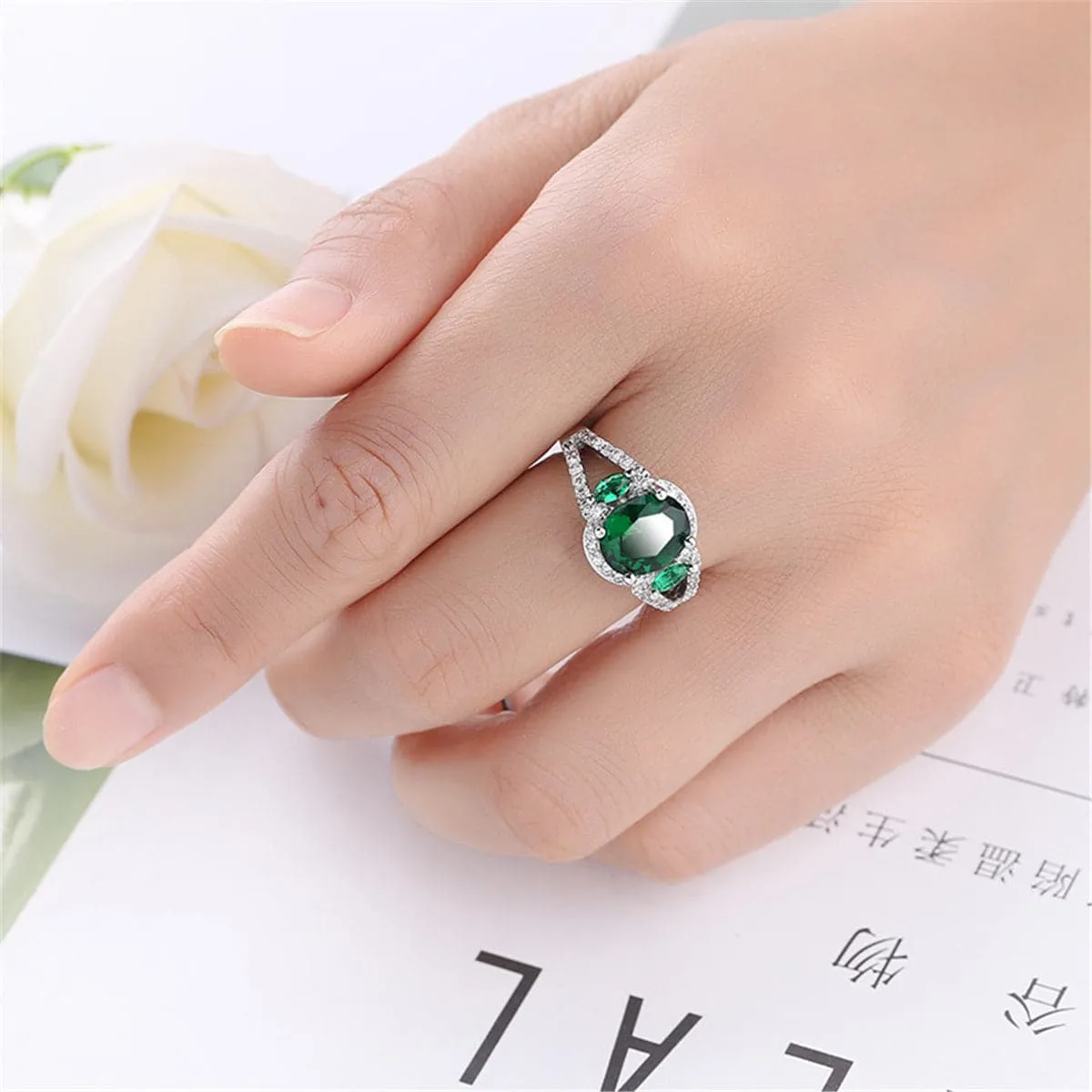 Green Cubic Zirconia & Crystal Triple-Stone Halo Ring
