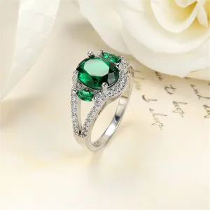 Green Cubic Zirconia & Crystal Triple-Stone Halo Ring