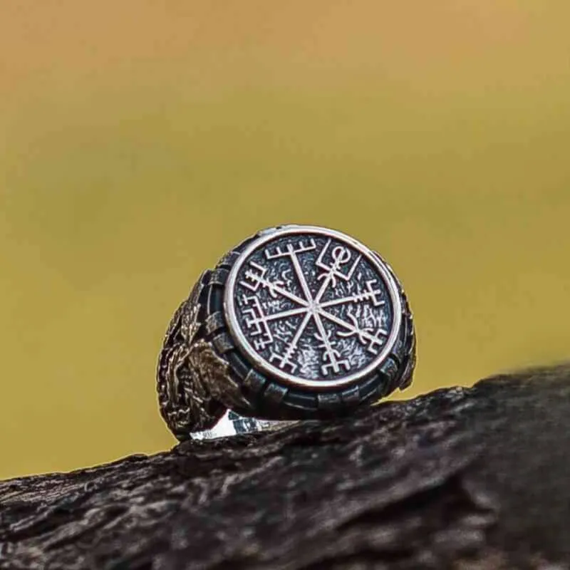 Handcrafted Vegvisir Symbol Aka Runic Compass With Oak Leaves Sterling Silver Viking Ring