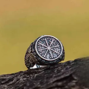 Handcrafted Vegvisir Symbol Aka Runic Compass With Oak Leaves Sterling Silver Viking Ring