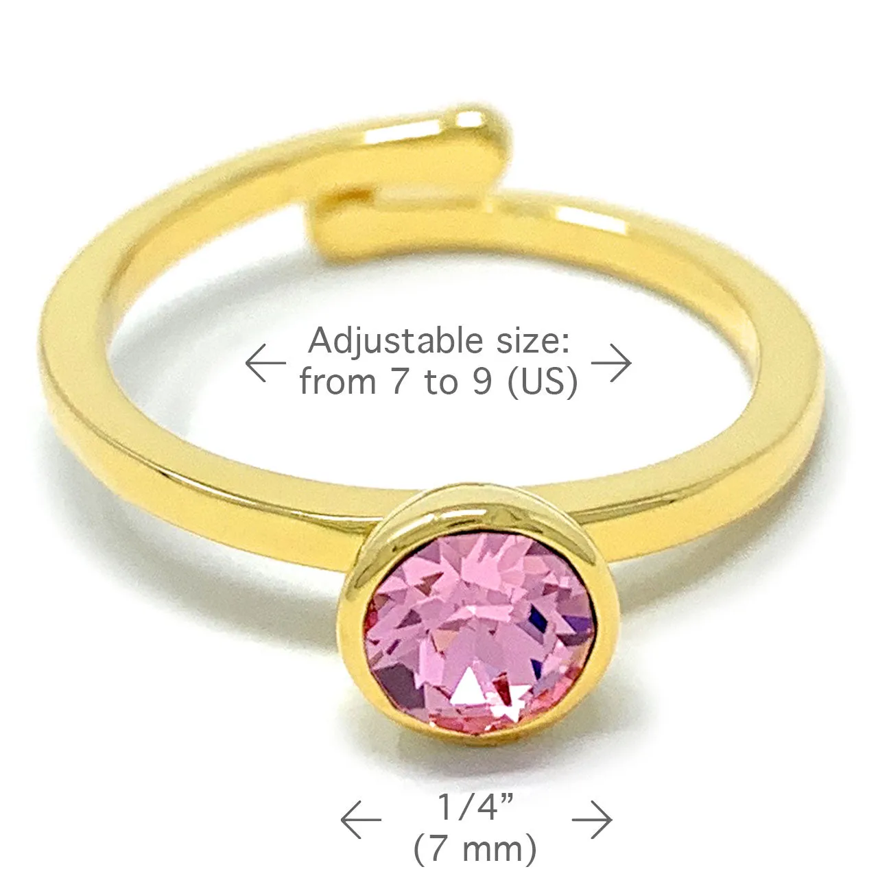 Harley Adjustable Ring with Pink Light Rose Round Crystals from Swarovski Gold Plated
