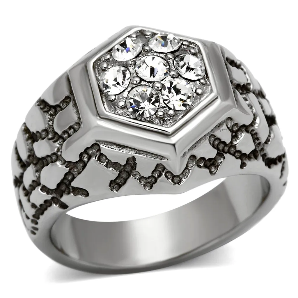 High Polished Stainless Steel Ring with Top Grade Crystal - In Stock, Clear Center Stone, 6.50g Weight