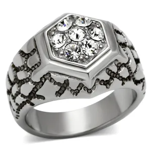 High Polished Stainless Steel Ring with Top Grade Crystal - In Stock, Clear Center Stone, 6.50g Weight