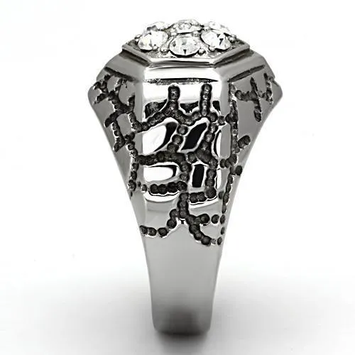 High Polished Stainless Steel Ring with Top Grade Crystal - In Stock, Clear Center Stone, 6.50g Weight