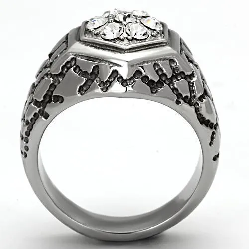 High Polished Stainless Steel Ring with Top Grade Crystal - In Stock, Clear Center Stone, 6.50g Weight