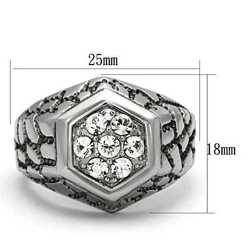 High Polished Stainless Steel Ring with Top Grade Crystal - In Stock, Clear Center Stone, 6.50g Weight