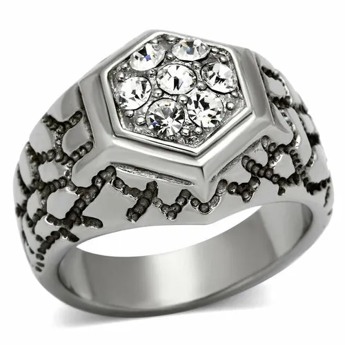 High Polished Stainless Steel Ring with Top Grade Crystal - In Stock, Clear Center Stone, 6.50g Weight