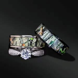 His and Her Camo Wedding Ring Set Titanium and Sterling Silver Engagement Rings