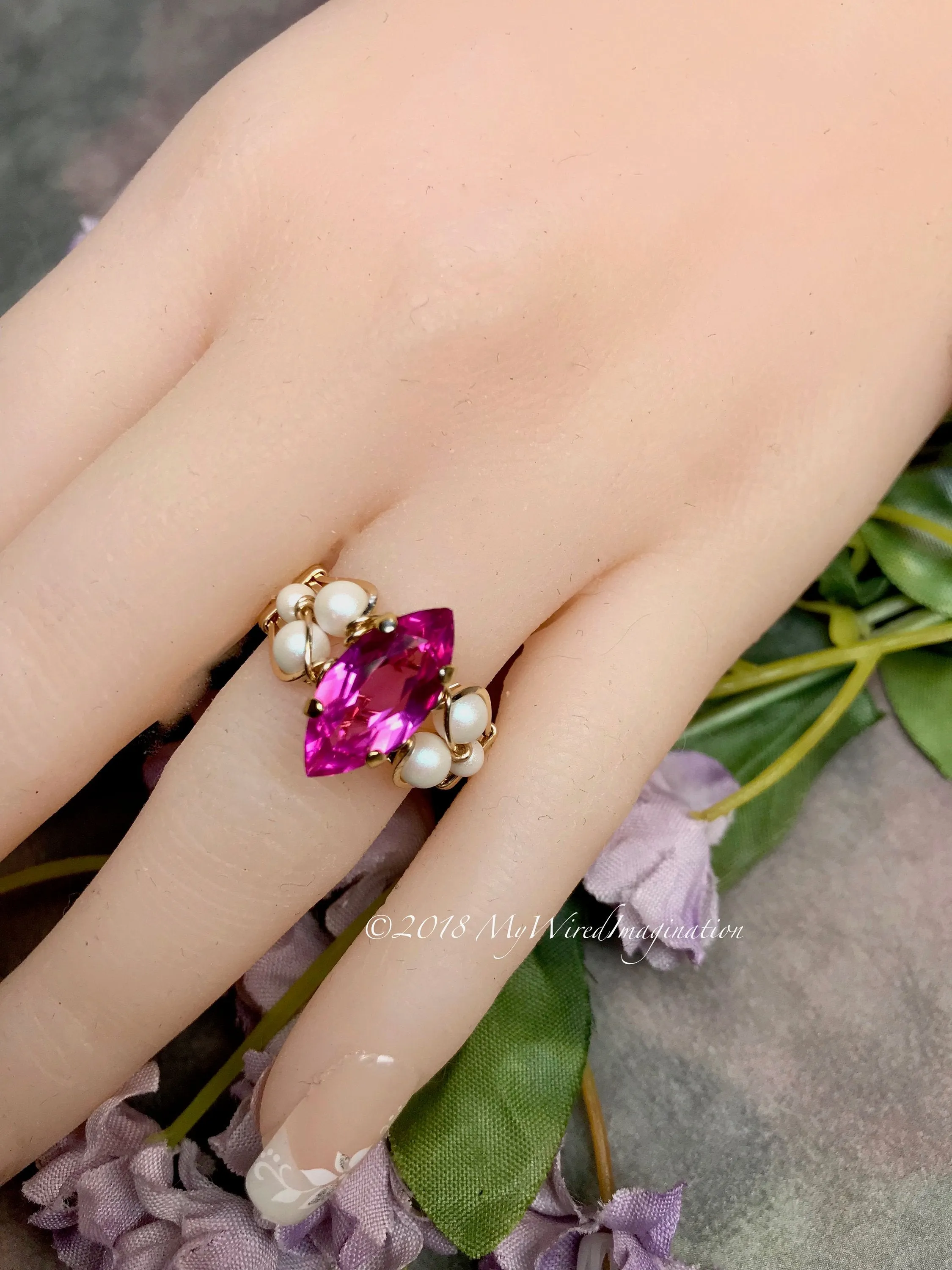 Hot Pink Sapphire and Swarovski Pearl Handmade Ring 14K GF US Size 5