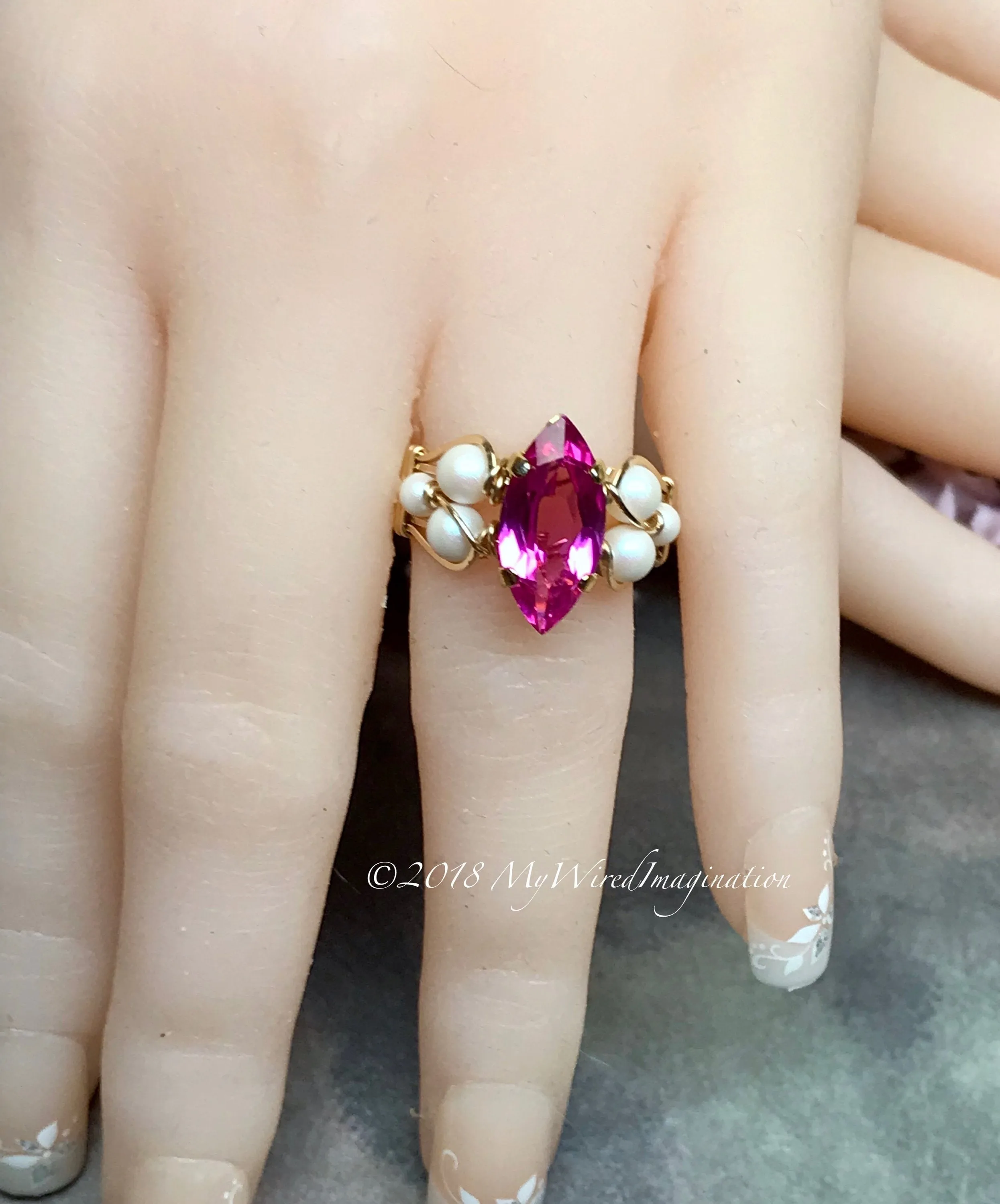 Hot Pink Sapphire and Swarovski Pearl Handmade Ring 14K GF US Size 5