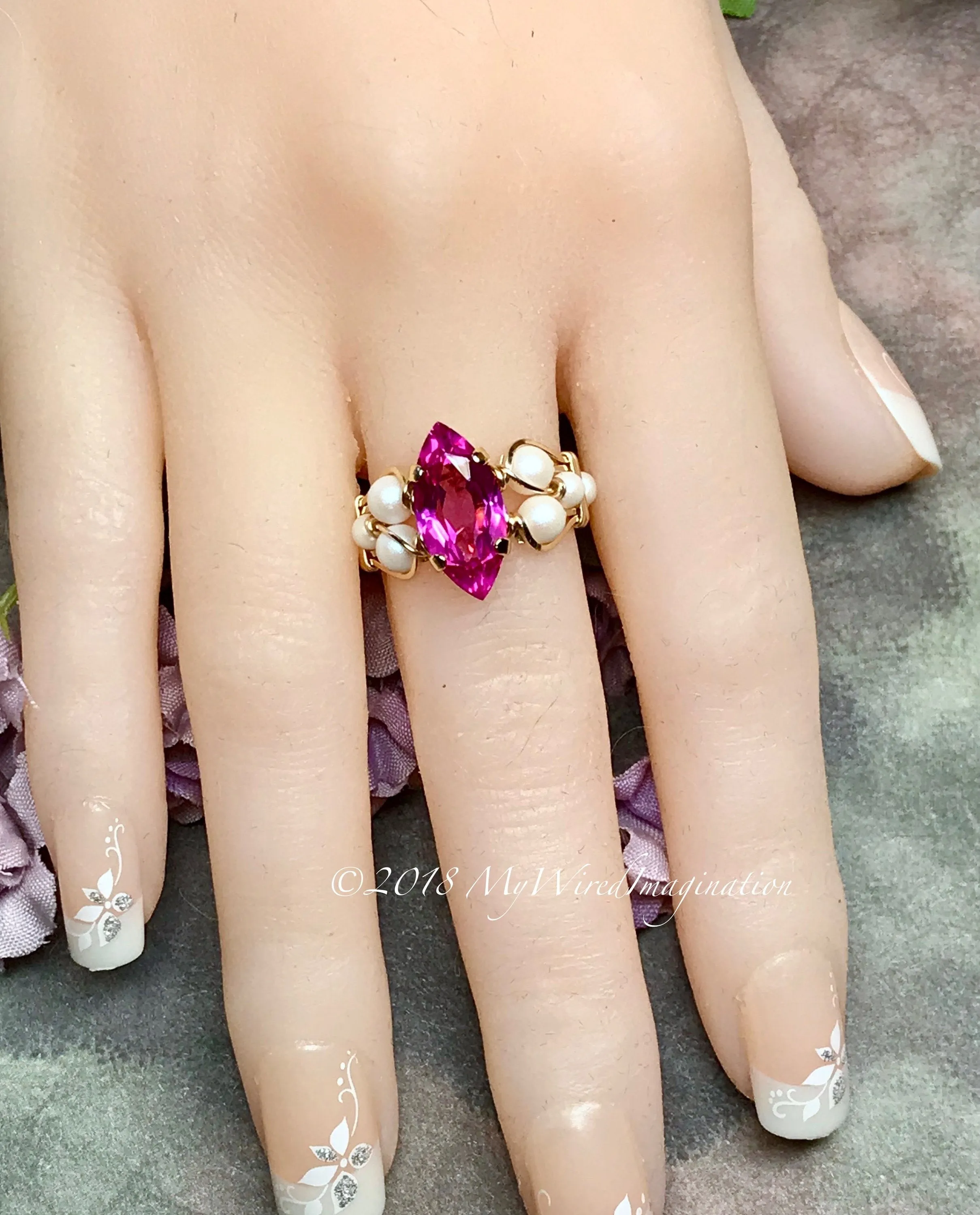 Hot Pink Sapphire and Swarovski Pearl Handmade Ring 14K GF US Size 5