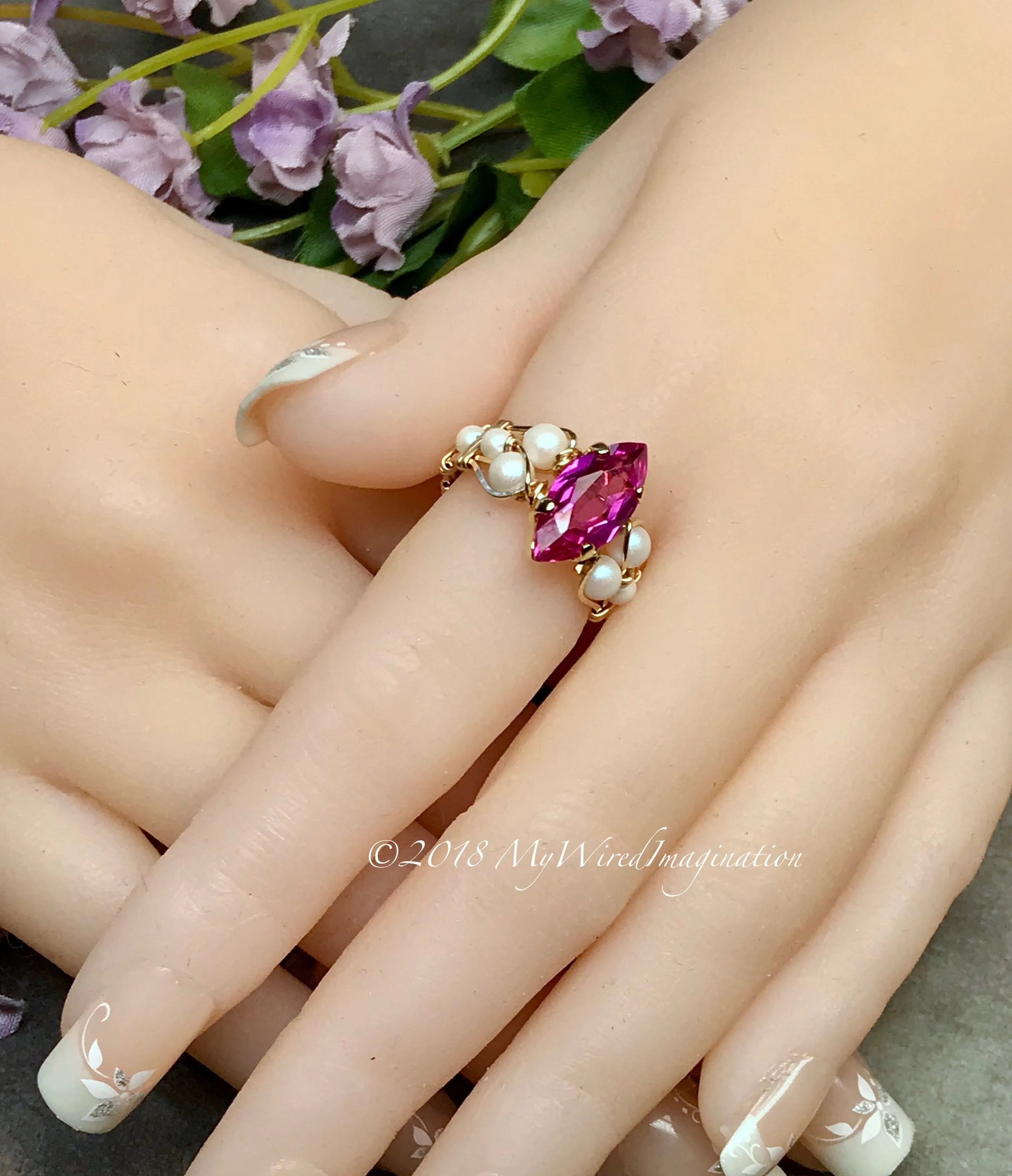 Hot Pink Sapphire and Swarovski Pearl Handmade Ring 14K GF US Size 5