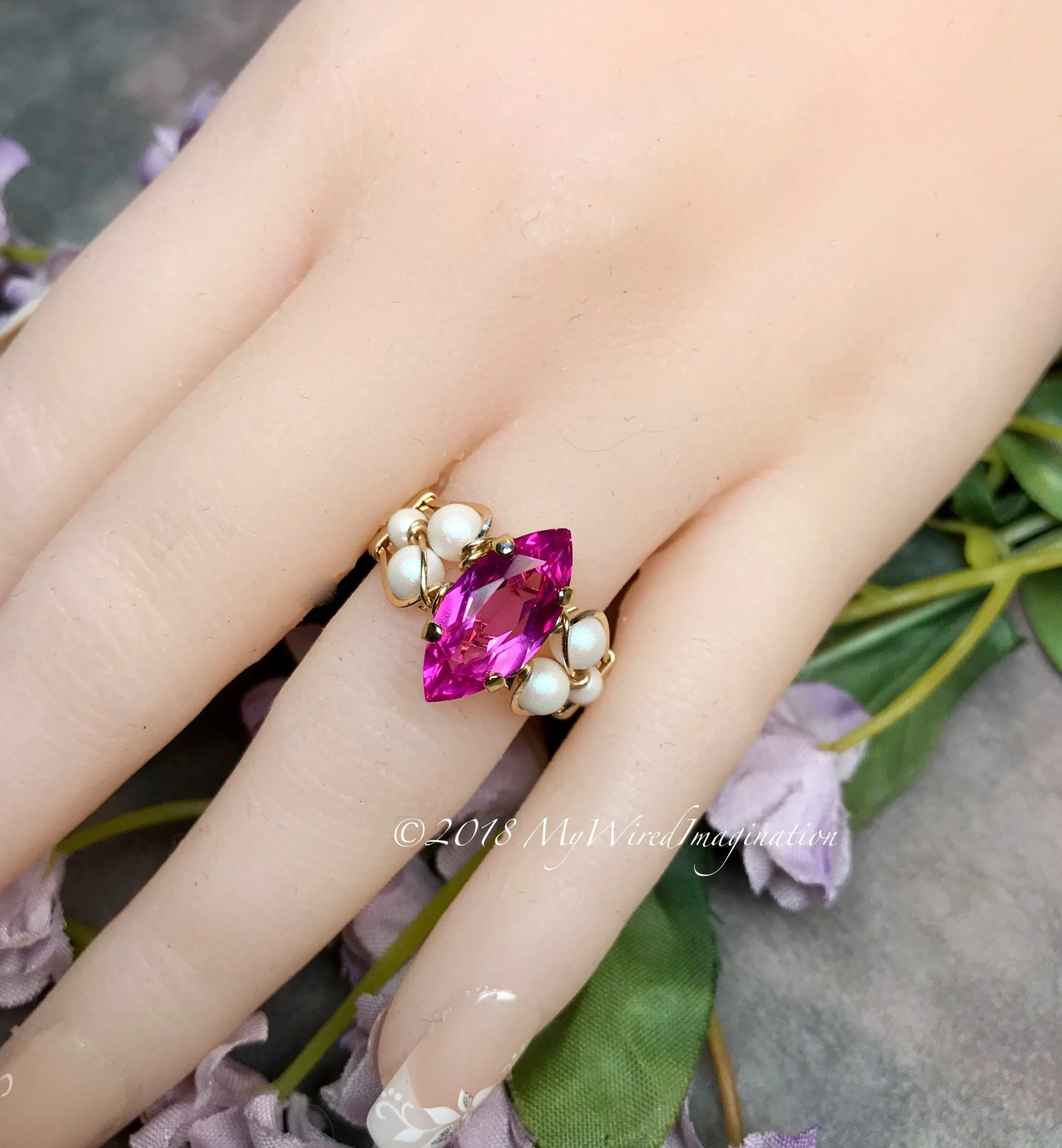 Hot Pink Sapphire and Swarovski Pearl Handmade Ring 14K GF US Size 5