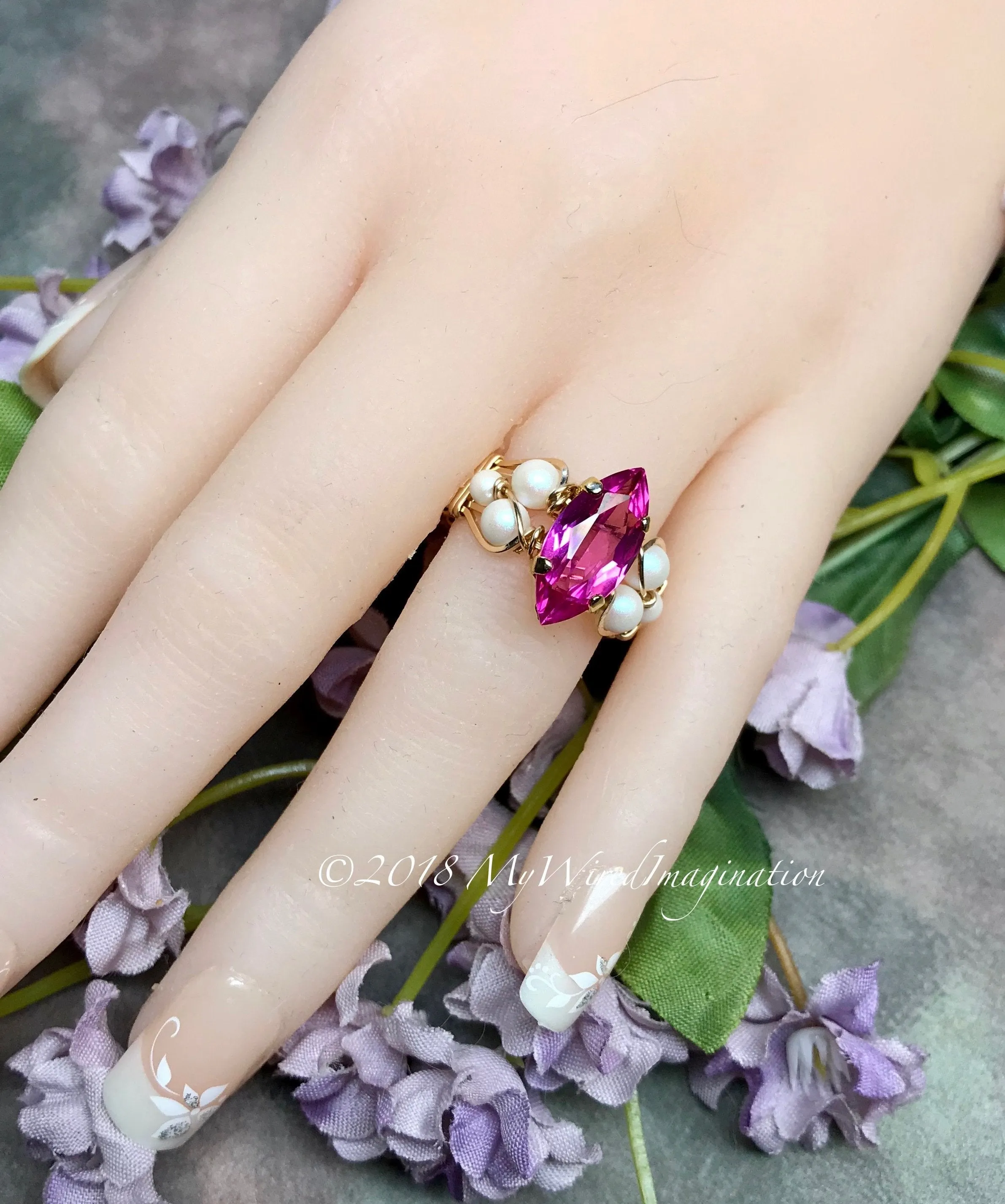 Hot Pink Sapphire and Swarovski Pearl Handmade Ring 14K GF US Size 5
